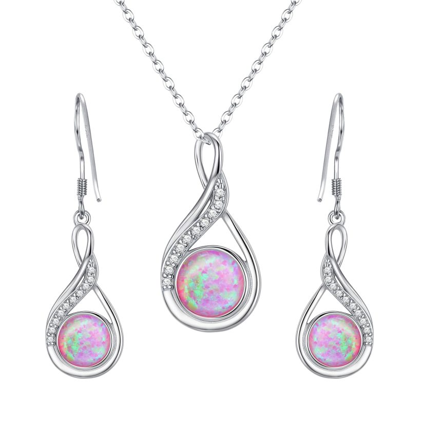 925 Sterling Silver Opal Necklace and Earrings Set by Clearine