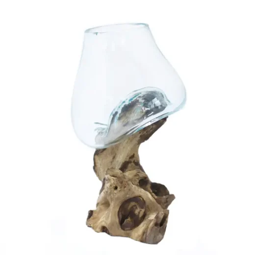 Medium Molten Glass Bowl on Wood Stand