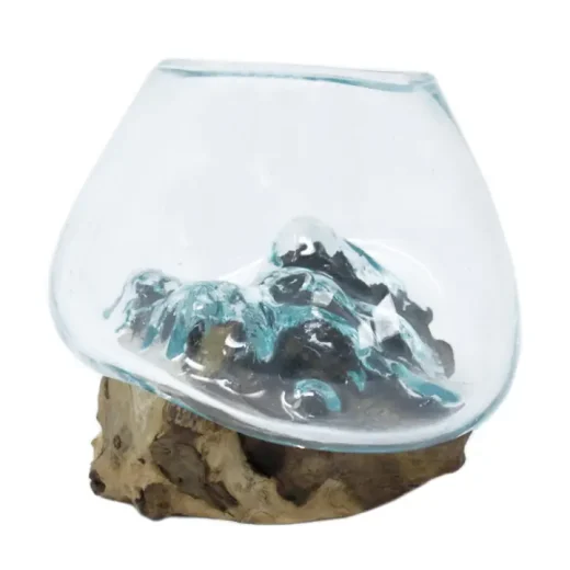 Molten Glass Bowl on Wood Stand