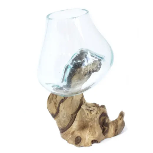 Medium Molten Glass Bowl on Wood Stand