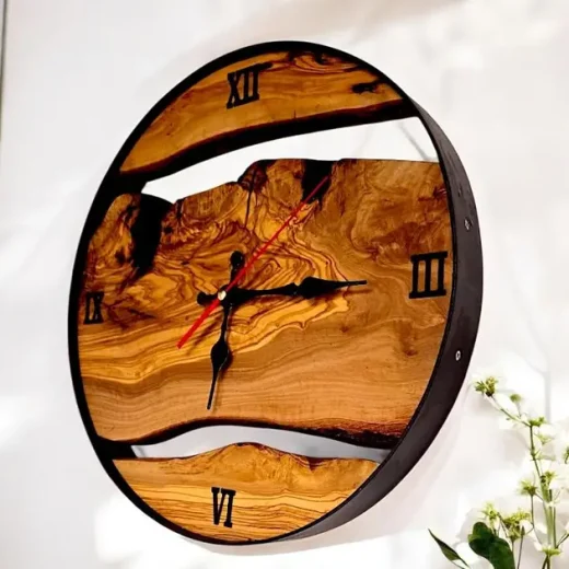 Olive Wood Wall Clock with Metal Edge