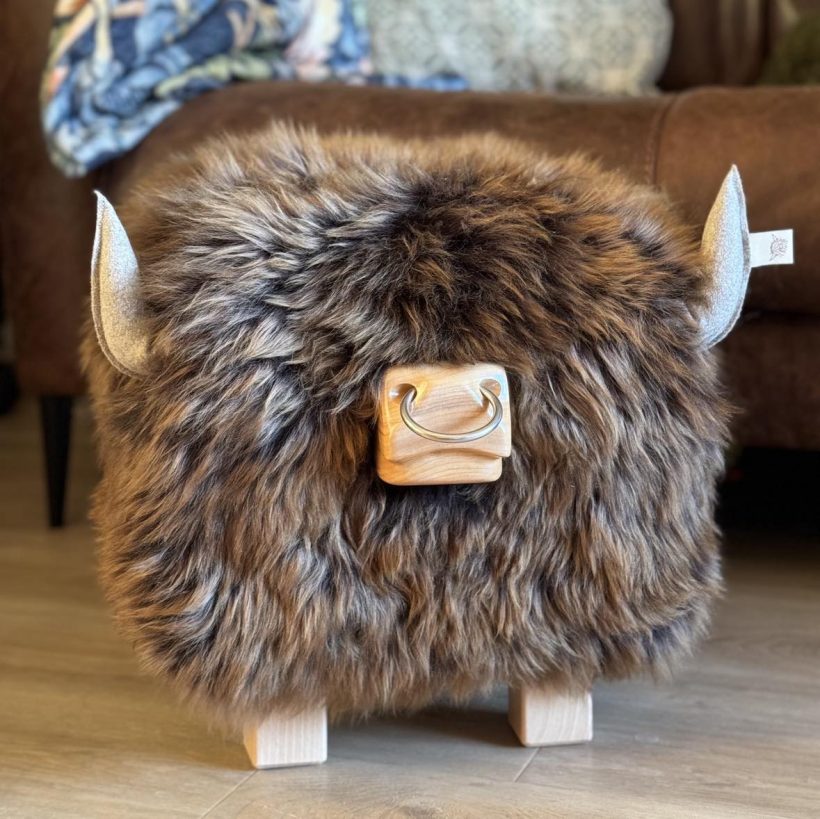 Highland bull footstool in gingerbread with a nose ring by Tweed yourself