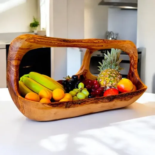 Olive Wood Fruit Basket with Handle