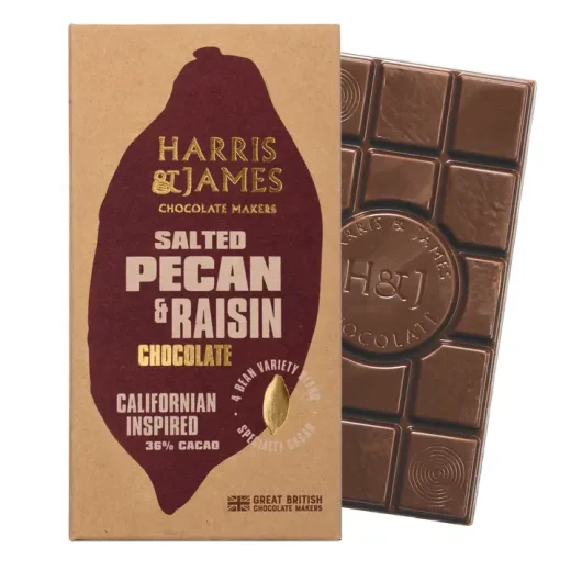 Salted Pecan and Raisin Chocolate Bar u2013 Harris and James Salted pecan and raisin chocolate bar by Harris and James