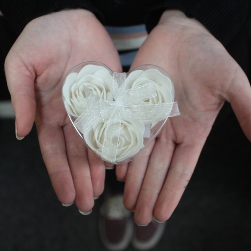 3 White Soap Flowers in Heart Box by Ancient Wisdom